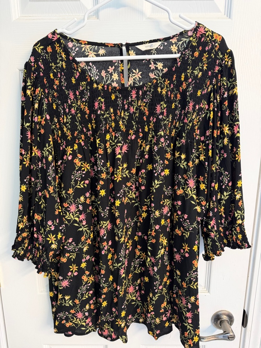 Terra & Sky Black Blouse with Pink and Yellow Floral Print